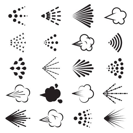 Spray steam set. Clouds of water drops, aerosol gas in air, shower and haze forms. Vector illustration for hairspray, deodorant, condensation, sprayer, vapor topicsのイラスト素材