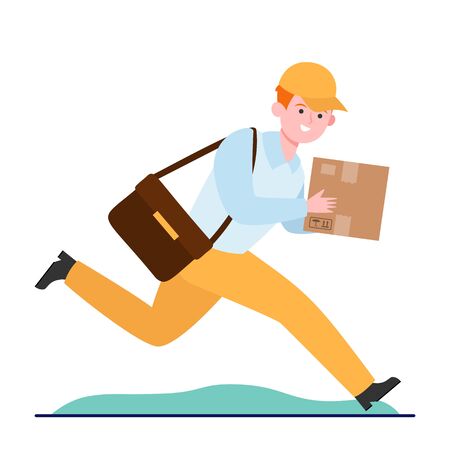 Young courier running with cardboard box. Parcel, express, post flat vector illustration. Delivery service and shipping concept for banner, website design or landing web pageのイラスト素材