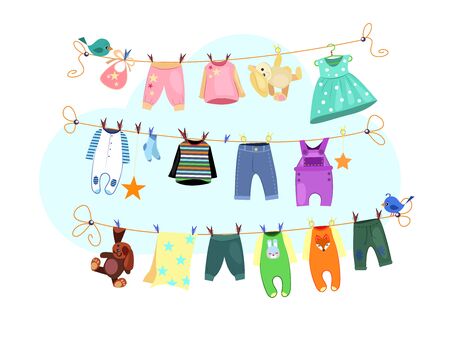 Baby clothes set. Drying clothes collection. Can be used for topics like laundry, housework, infant clothingの写真素材