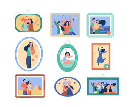 Cartoon family photo frames isolated flat vector illustration. Framed portraits and pictures of happy people on wall. Decor, dynasty and generation conceptのイラスト素材