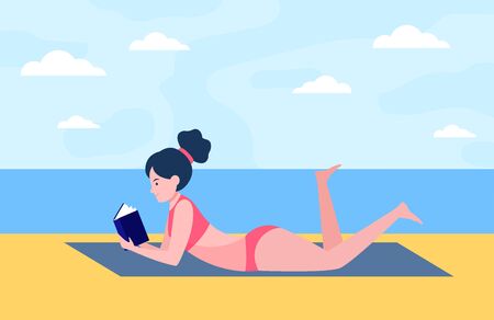 Young woman lying on beach with book. Sea, nature, leisure flat vector illustration. Lifestyle and vacation concept for banner, website design or landing web pageのイラスト素材