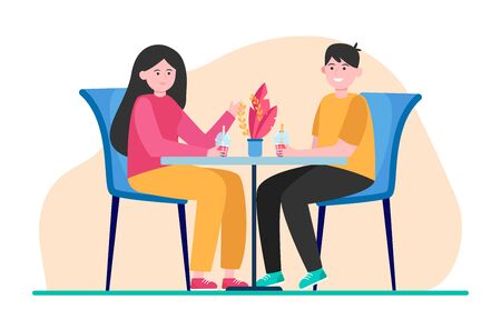 Young couple sitting in cafe and drinking bubble tea. Date, love, coffee flat vector illustration. Relationship and family concept for banner, website design or landing web pageのイラスト素材