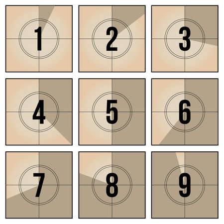 Vintage film frame countdown set. Retro video number sequence and counter frames vector illustration collection. Cinematography and television conceptのイラスト素材