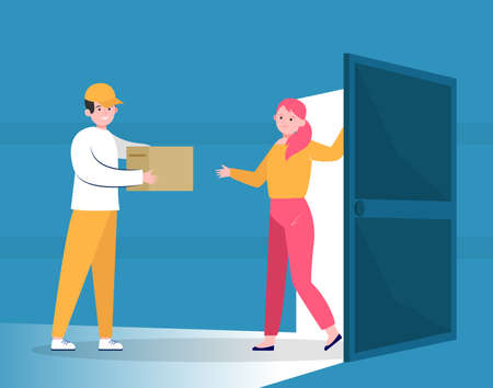 Courier giving parcel to customer. People with cardboard box near apartment door flat vector illustration. Order delivery service, shipping concept for banner, website design or landing web pageのイラスト素材