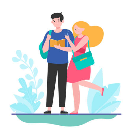 Happy couple of students. Girl hugging her boyfriend with book flat vector illustration. Youth, love, relationship concept for banner, website design or landing web pageのイラスト素材