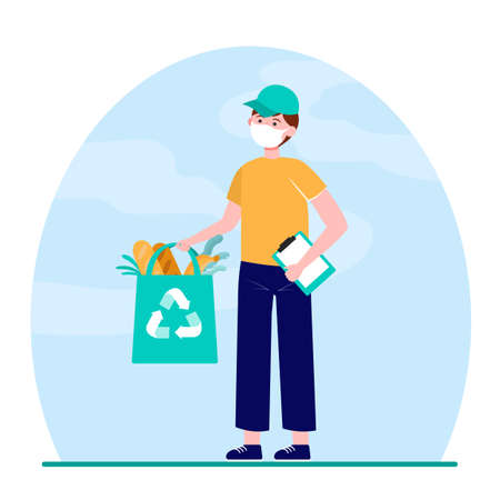Young courier in mask holding meal from grocery store. Order, quarantine, food flat vector illustration. Shopping at home and delivery concept for banner, website design or landing web pageのイラスト素材