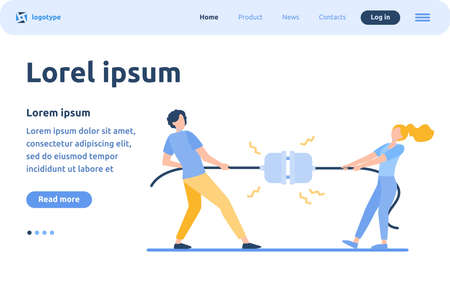 Groups of people pulling rope in tug of war play. Struggling team competing with each other. Vector illustration for game, contest, competition, confrontation conceptのイラスト素材