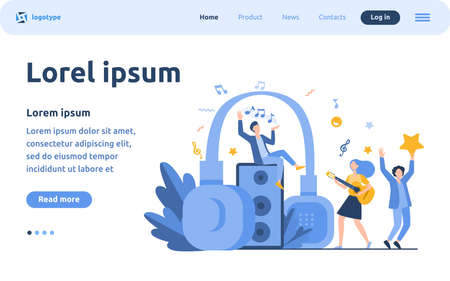 Happy tiny people listening spiritual music near huge headphones flat vector illustration. Young guy holding star and girl playing guitar. Lifestyle and technology conceptのイラスト素材