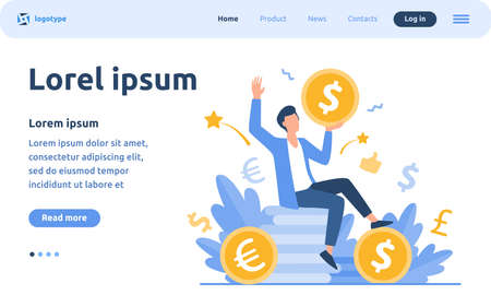 Happy businessman earning money flat vector illustration. Cartoon millionaire or banker holding huge coin. Finance growth and market conceptのイラスト素材