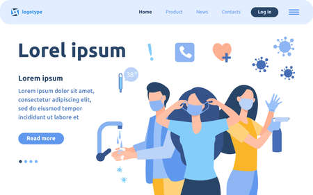 Hygiene during coronavirus epidemic. People in gloves and face masks, washing hands, cleaning surfaces with alcoholic sanitizers. Vector illustration for virus spread prevention, protection conceptのイラスト素材