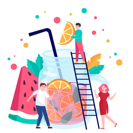 People making fruit drink. Glass mug with citrus slices, ice, watermelon, straw and water. Vector illustration for summer, organic lemonade, orange juice, fresh bar topicsのイラスト素材