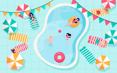 Happy people relaxing at swimming pool. Young men and women in swimwear taking sun, floating on...