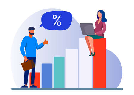 Bank client and manager discussing interest rate. People talking, using laptop, growth bar chart flat vector illustration. Finance, loan concept for banner, website design or landing web pageのイラスト素材