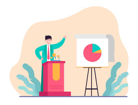 Happy speaker presenting report. Leader, candidate at tribune, chart, diagram flat vector illustration. Presentation, business, conference concept for banner, website design or landing web pageのイラスト素材