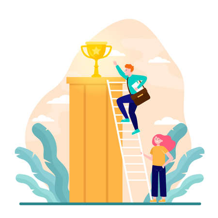 Lucky guy winning prize. Man climbing to gold cup, woman holding ladder flat vector illustration. Teamwork, success, leadership concept for banner, website design or landing web pageのイラスト素材