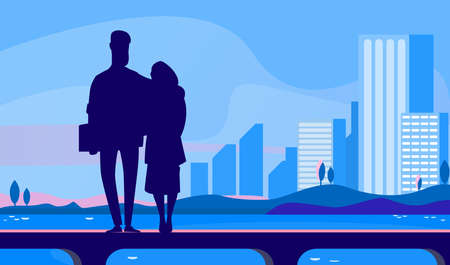 Couple standing on sea pierce at night. Silhouette of young man and woman hugging flat vector illustration. Romance, dating outdoors concept for banner, website design or landing web pageのイラスト素材