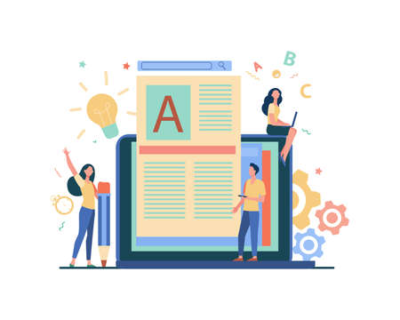 Content author or writer job concept. Freelance blogger at laptop writing creative article, editing text. Vector illustration for blogging, seo marketing, online education topicsのイラスト素材