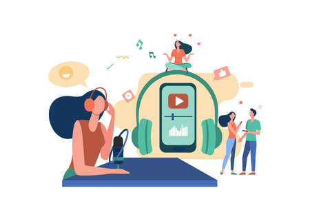 Happy radio host in headset speaking at microphone on air. People with smartphones listening to radio podcast. Radio broadcasting, communication, mass media concept.のイラスト素材