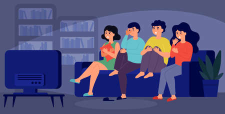 Young friends watching horror movie together isolated flat vector illustration. Cartoon girls and guys sitting on sofa in dark living room. TV, fear and entertainment conceptのイラスト素材