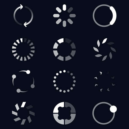 Different round loaders flat icon set. White upload website symbols on black background vector illustration collection. Technology and user interface conceptのイラスト素材