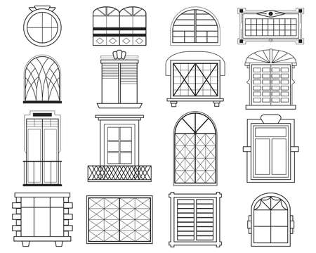 Different silhouettes of window frames flat icon set. Decorative vintage and modern window arches vector illustration collection. Architecture and construction conceptのイラスト素材
