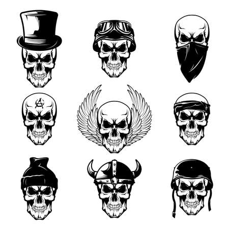 Different skull tattoo flat icon set. Brutal skulls with helmet, wings, hat, cap and bandana vector illustration collection. Bikers and rock symbols conceptのイラスト素材