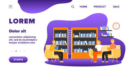 People in library flat vector illustration. Cartoon man and woman reading books and sitting on armchair or sofa. Study, knowledge and learning conceptのイラスト素材