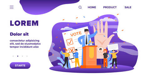 Election and political campaign. Politician speaker, candidate, voting citizens, ballot paper. Flat vector illustration for democracy, society, referendum conceptsのイラスト素材