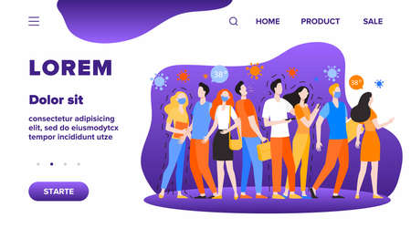 Infection spreading in crowd. People with and without masks standing together, coughing, suffering from fever. Vector illustration for coronavirus, quarantine, danger, alert, outbreak conceptのイラスト素材