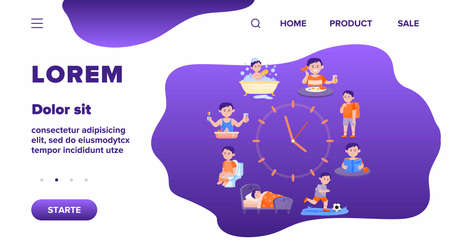 Child daily routine clocks flat vector illustration. Cartoon schedule of happy boy life from eating breakfast, going school to sleeping. Health and activity conceptのイラスト素材