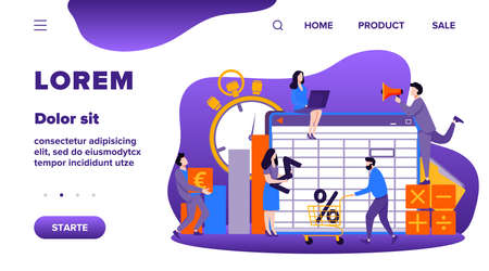 Accounting app vector illustration. Professionals working on financial reports, analyzing data sheet. Team of accountant using bookkeeping softwareのイラスト素材