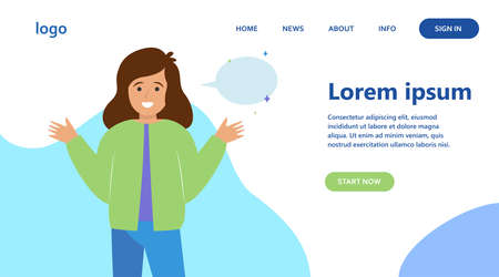 Smiling girl and empty speech bubble. Hand, speaking, conversation flat vector illustration....