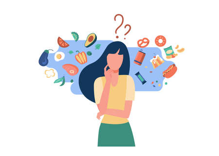 Woman choosing between healthy and unhealthy food. Character thinking over organic or junk snacks choice. Vector illustration for good vs bad diet, lifestyle, eating conceptsのイラスト素材