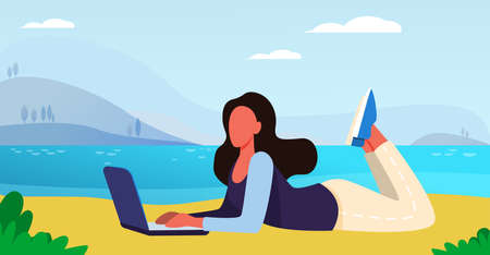 Happy woman lying on beach with laptop. Freelance, lake, computer flat vector illustration. Communication and digital technology concept for banner, website design or landing web pageのイラスト素材