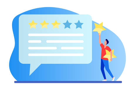 Online customer feedback. Man applying rate stars to chat bubble flat vector illustration. Marketing, satisfaction, evaluation concept for banner, website design or landing web pageのイラスト素材