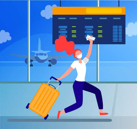 Woman in mask celebrating travel ban cancel. Passenger running in airport flat vector illustration. Late for boarding, virus and travel concept for banner, website design or landing web pageのイラスト素材
