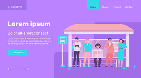 Cartoon passengers standing at bus stop flat vector illustration. Women and men waiting for public transport. Transportation, driving and conveyance conceptのイラスト素材