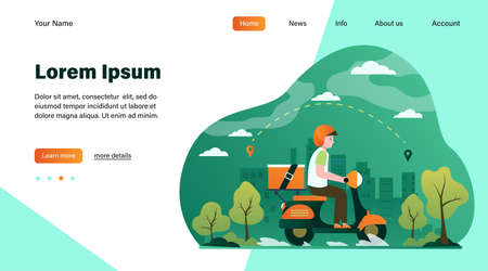 Express courier on scooter shipping order flat illustration. Cartoon man delivering package or parcel and using GPS. Transport, delivery service and navigation conceptのイラスト素材