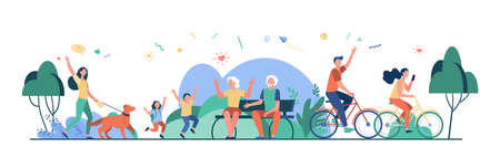 Happy group of various people in park isolated flat vector illustration. Cartoon different character...