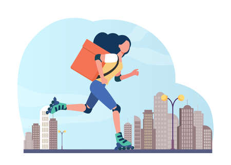 Young female courier on roller delivering food. Box, speed, parcel flat vector illustration. Delivery service and urban lifestyle concept for banner, website design or landing web pageのイラスト素材