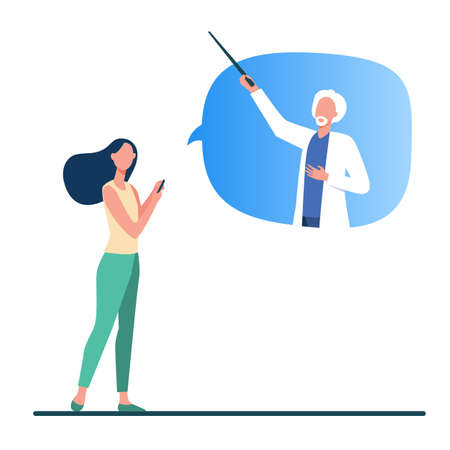 Woman consulting doctor online. Patient with phone, senior physician in speech bubble flat vector illustration. Internet, medical consultation concept for banner, website design or landing web pageのイラスト素材