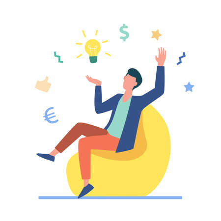 Entrepreneur finding brilliant idea. Excited man with shining bulb above him flat vector illustration. Startup, new project, creativity concept for banner, website design or landing web pageのイラスト素材