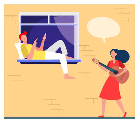Man with phone relaxing on windowsill. Woman walking past him, playing guitar flat vector illustration. Communication, friend, leisure concept for banner, website design or landing web pageのイラスト素材