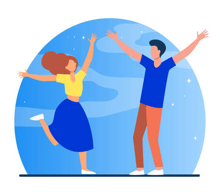 Couple meeting after separation. Girl and guy walking to each other with open arms flat vector illustration. Romance, dating, love concept for banner, website design or landing web pageのイラスト素材