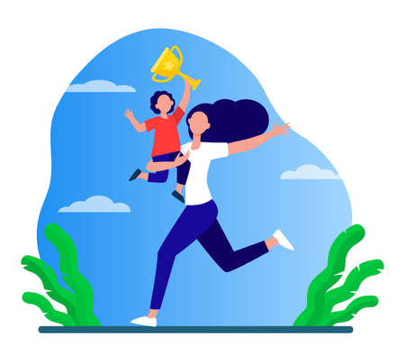 Happy mom holding little son with golden cup. Mother celebrating child success flat vector illustration. Parenthood, childhood, parenting concept for banner, website design or landing web pageのイラスト素材