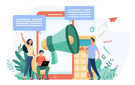 Bloggers advertising referrals. Young people with gadgets and loudspeakers announcing news, attracting target audience. Vector illustration for marketing, promotion, communication conceptのイラスト素材