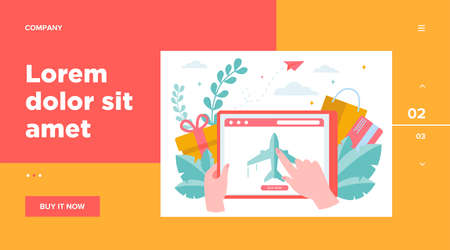 Customer buying plane tickets online. Traveling, screen, flight flat vector illustration. E-commerce and digital technology concept for banner, website design or landing web pageのイラスト素材