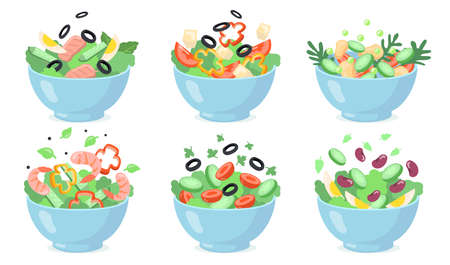 Salad bowls set. Cut green vegetables with eggs, olives, cheese, beans, shrimps. Vector illustrations for fresh food, healthy eating, appetizer, lunch conceptsのイラスト素材