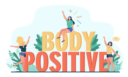 Happy plus size women enjoying life isolated flat vector illustration. Cartoon female characters of different figure type and active healthy lifestyle. Body positive and beauty diversity conceptのイラスト素材