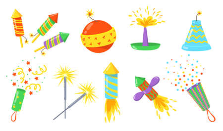 Colorful firecrackers flat illustration set. Cartoon bombs, rockets and crackers with fuses isolated vector illustration collection. Fireworks for holiday and celebration conceptのイラスト素材